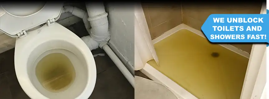 A completely blocked toilet and shower tray, with dirty water overflowing from the shower drain, requiring urgent attention from a drainage engineer.